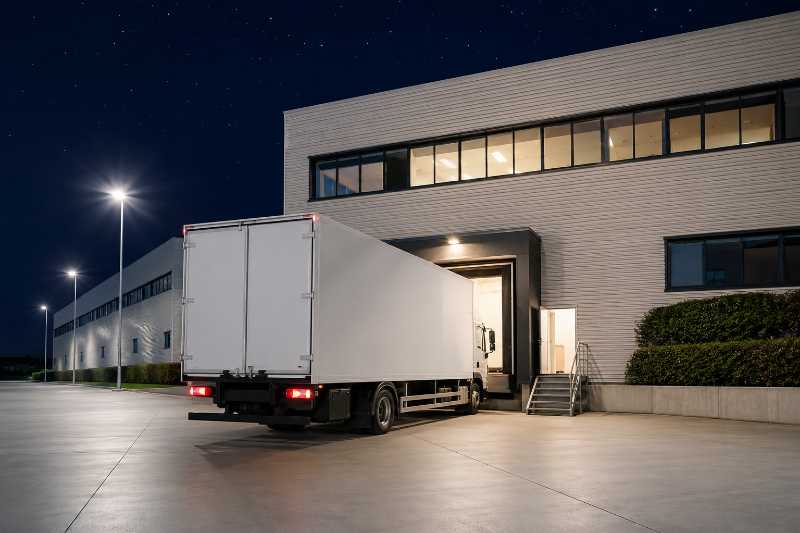Camion de déménagement reculé contre le quai de service d'un bâtiment de bureaux, la nuit