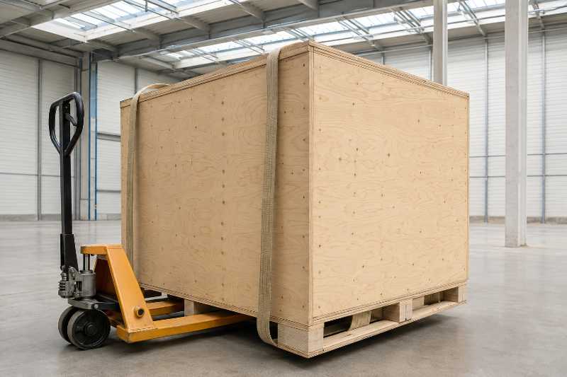 Caisse maritime en contreplaqué posée sur un transpalette manuel, sangles de levage en place