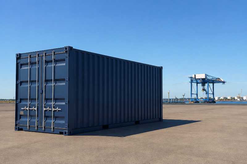 Conteneur maritime posé au sol sur un terre-plein portuaire, portes fermées, portique au loin