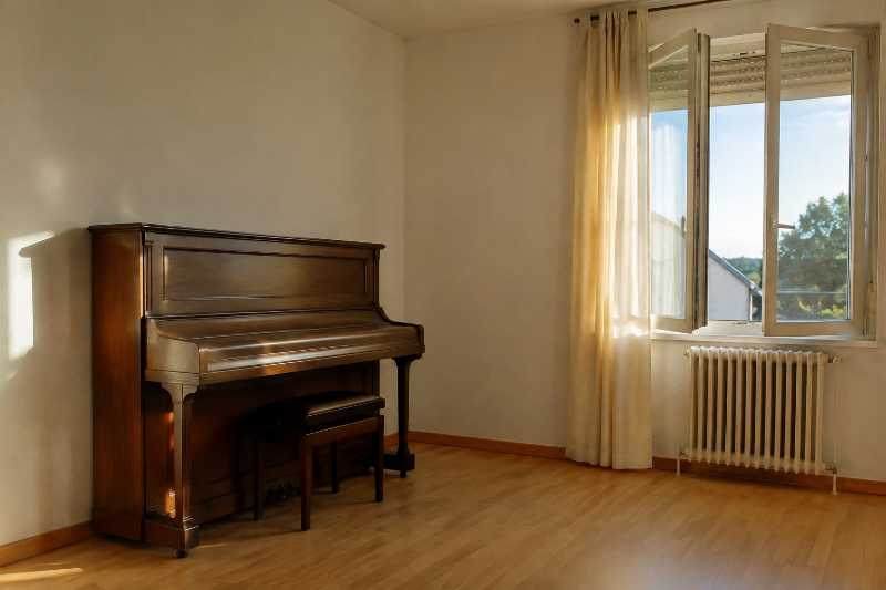 Piano droit fermé installé le long d'un mur intérieur, à distance d'un radiateur et d'une fenêtre entrouverte