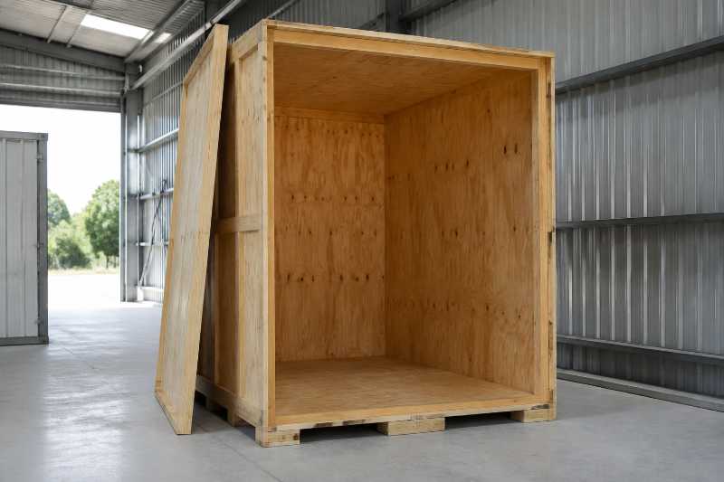 Caisse de garde-meuble en bois vide, couvercle appuyé contre son flanc, intérieur propre