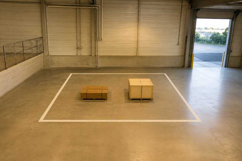 Zone de dépose délimitée par des bandes peintes au sol, deux dépôts posés à l'intérieur du marquage
