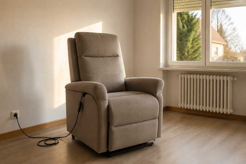 Fauteuil releveur électrique installé dans une pièce claire, cordon lové au sol près d'une prise murale