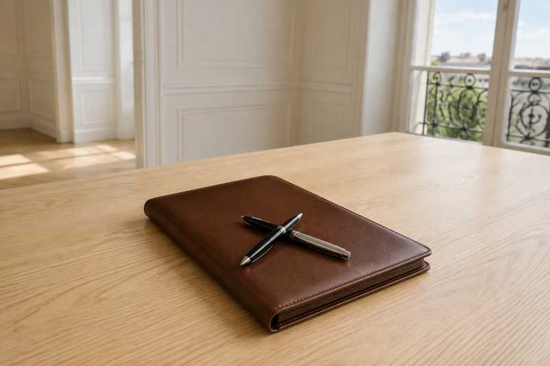 Porte-documents en cuir fermé et deux stylos posés sur une table en bois clair dégagée